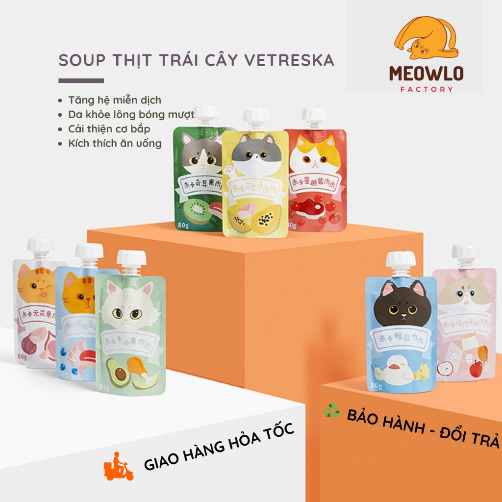 Soup thưởng thịt trái cây nắp vặn cho mèo  VETRESKA  Tăng cường miễn dịch mượt lông, cơ bắp chắc khỏe, vui vẻ cả ngày!