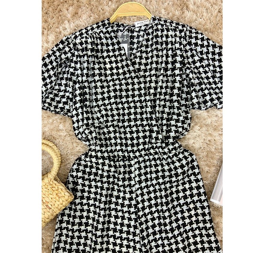 Jum thổ cẩm kẻ ô caro dài ống rộng phối cổ chéo/jumpsuit nữ ống rộng