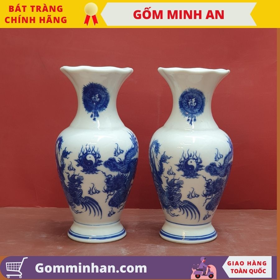 Bình Hoa Lọ Hoa Thờ Miệng Lượn Vẽ Hoa Sen, Vẽ Rồng- Gốm Sứ Bát Tràng- Gốm Minh An