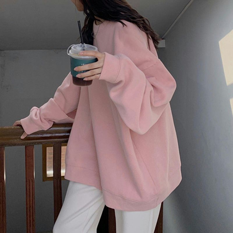Áo sweater tay dài dáng rộng màu trơn phong cách Hàn Quốc dễ phối đồ