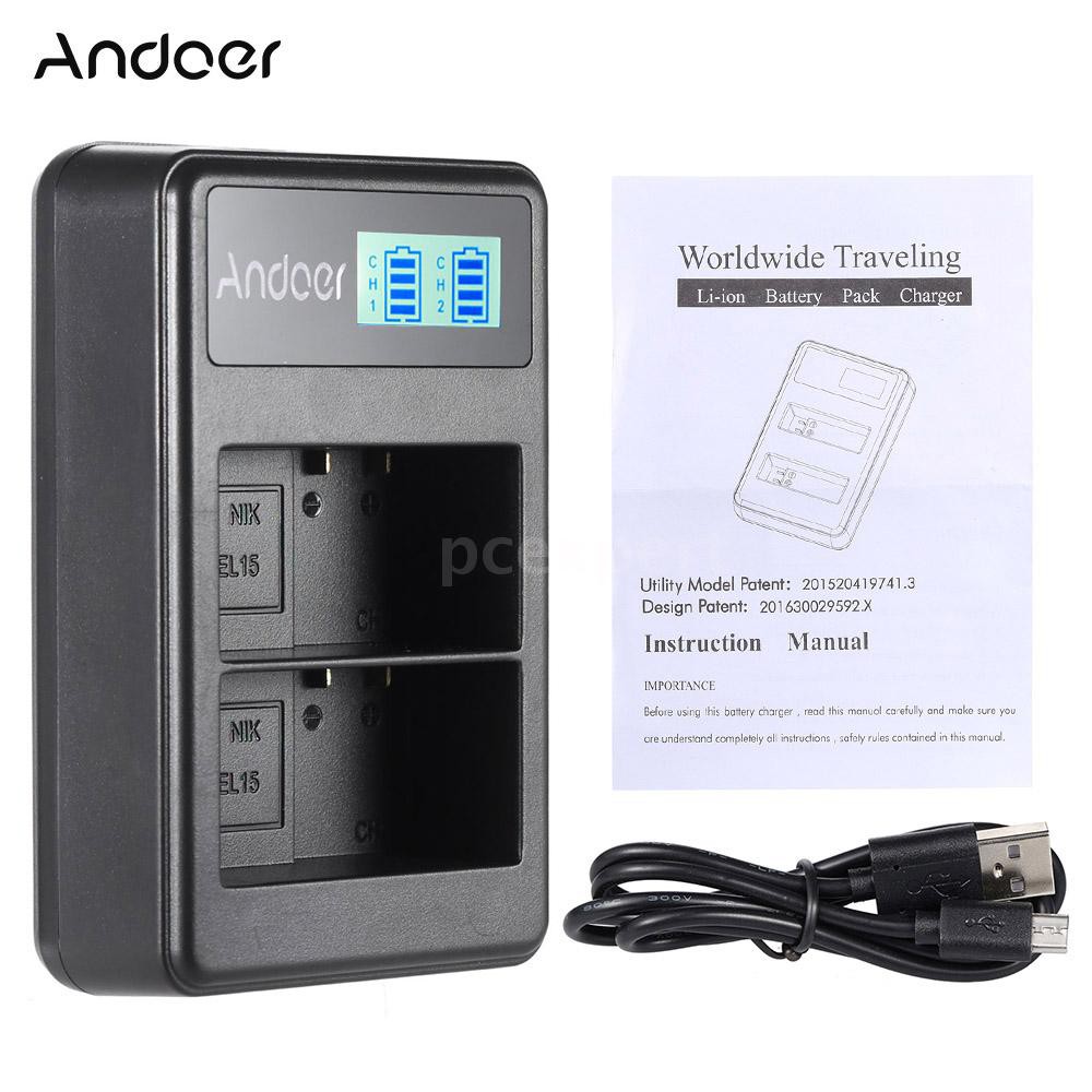 PCER◆ Andoer EN-EL15 Rechargeable LED Display Li-ion Battery Charger Pack 2-Slot USB Cable Kit for N