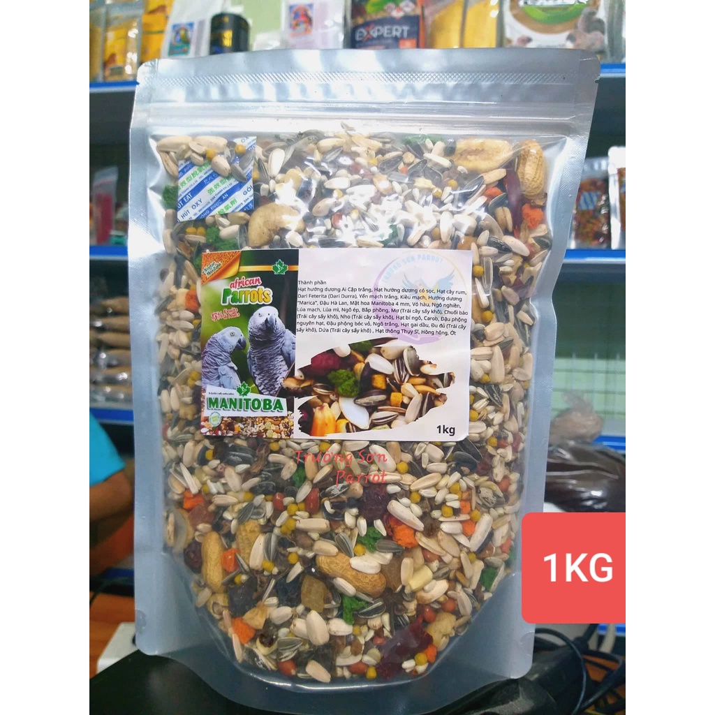 Hạt trộn hoàn chỉnh AFRICAN PARROTS gói nguyên 2KG của MANITOBA chuyên dùng cho tất cả dòng vẹt xám Châu Phi