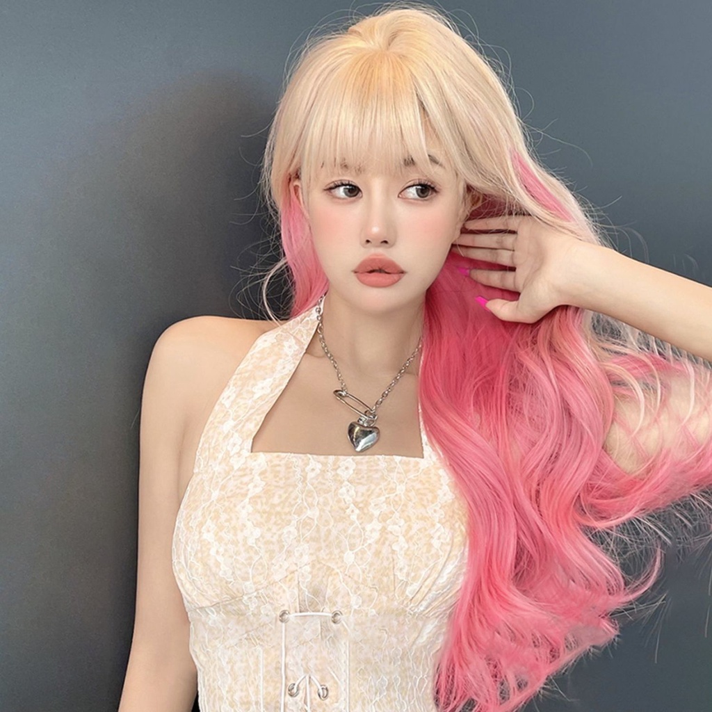 Bộ Tóc Giả Dài Xoăn Gợn Sóng Màu Hồng Bạch Kim Phong Cách lolita Dành Cho Nữ