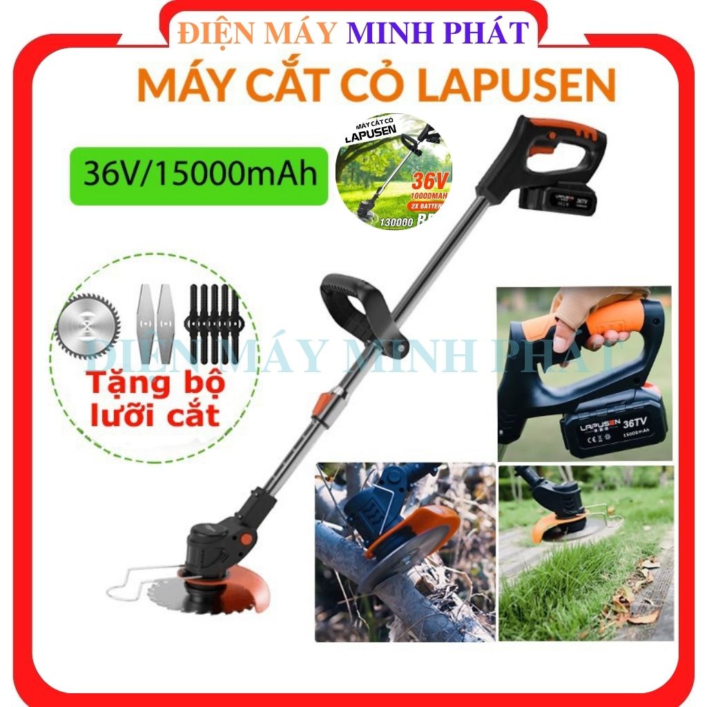 Máy cắt cỏ tỉa phát cành cây chạy bằng pin LAPUSEN dùng cước cắt lưỡi thép đa năng cầm tay gia đình giá rẻ