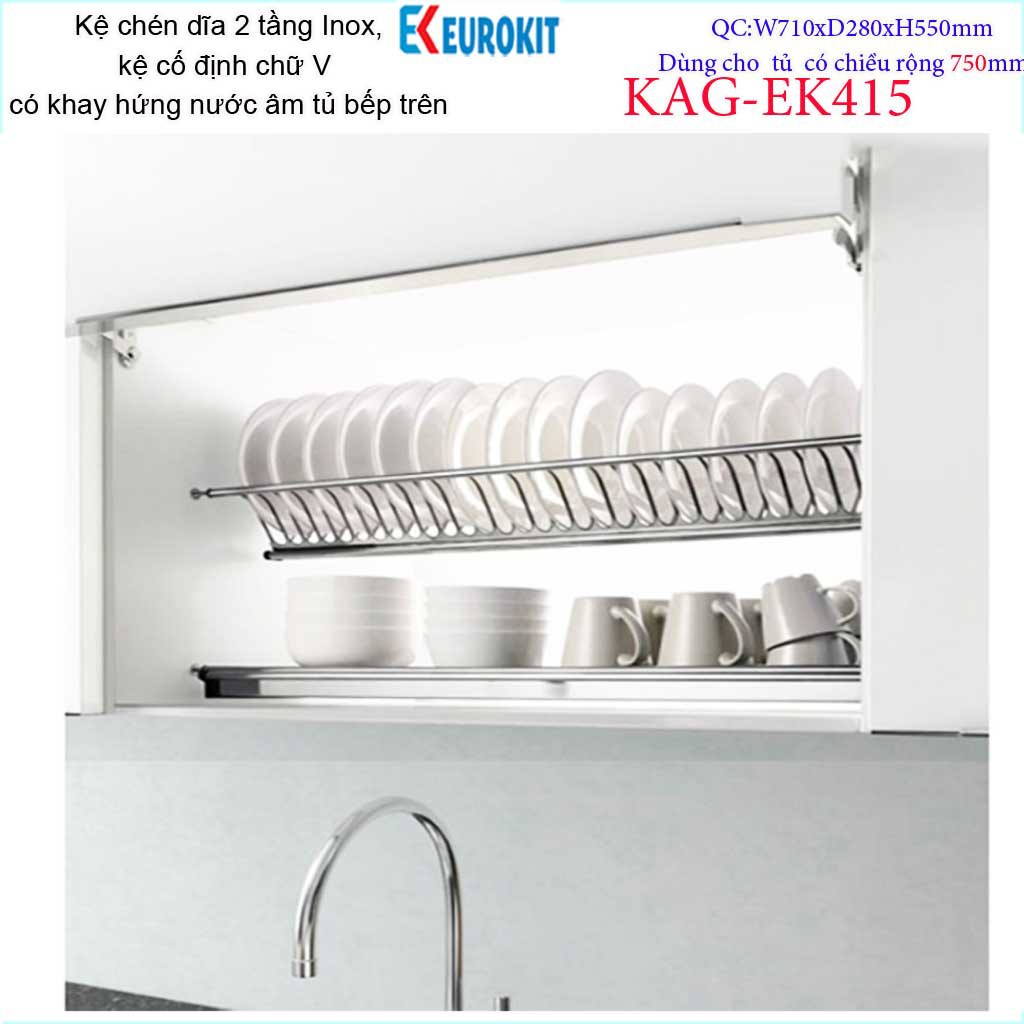 Kệ  chén dĩa âm tủ chữ V KAG-EK415-75cm, Kệ chén bát 2 tầng Eurokit inox bóng cao cấp