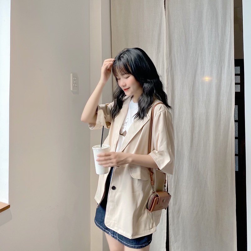 Áo Blazer tay  ngắn/ Vest cộc tay nữ dáng rộng túi nắp khoác ngoài phong cách hàn quốc | BigBuy360 - bigbuy360.vn