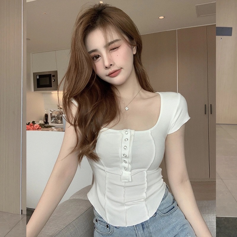 Áo BM xương cá ngắn tay Crop-top mùa xuân A010 siêu sexy co giãn 3 màu đen trắng xanh dễ phối mẫu mới