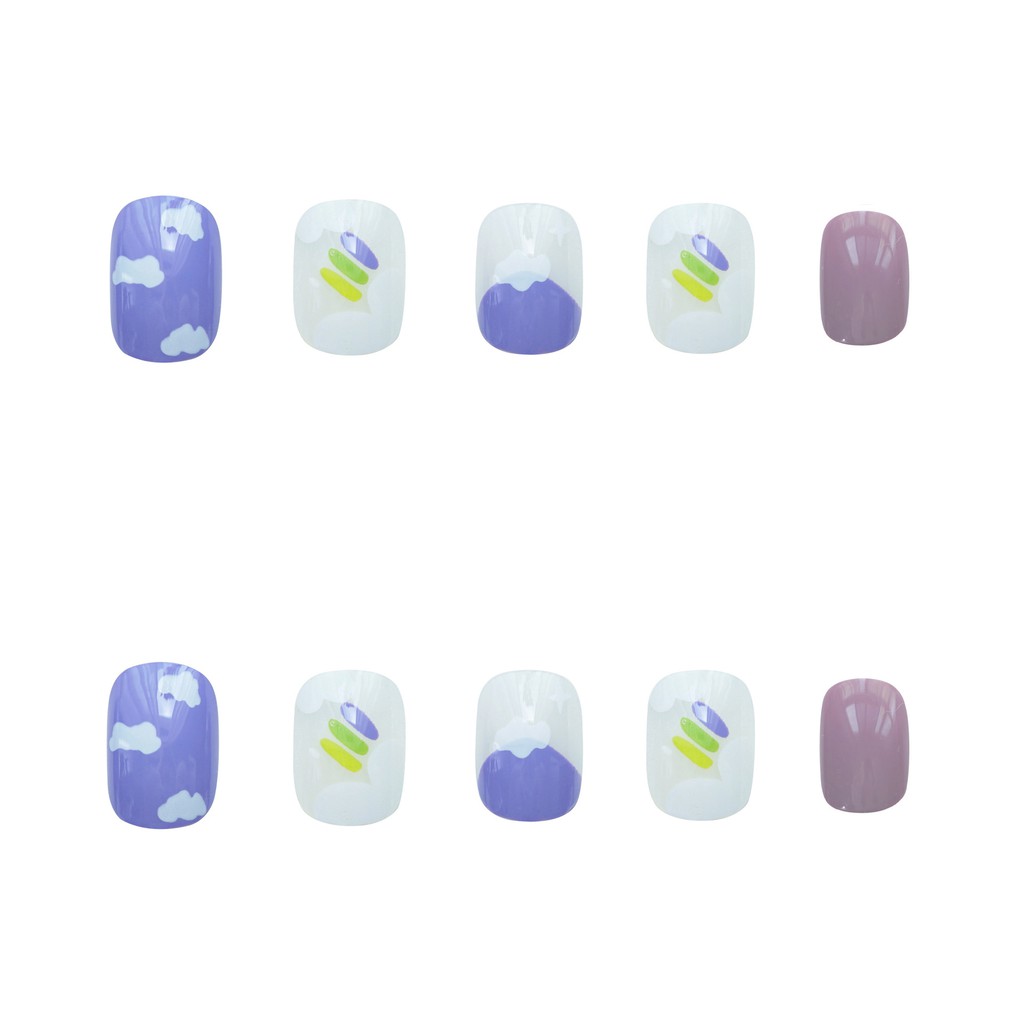 Bộ 24 móng tay giả Nail Nina trang trí cầu vồng xanh tím mã PD-78【Tặng kèm dụng cụ lắp】