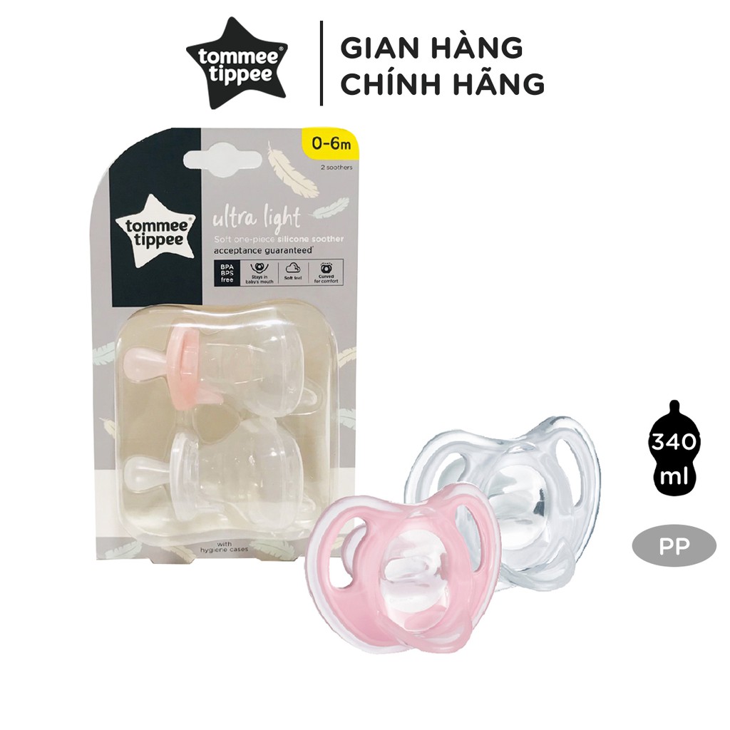 Ty ngậm silicon siêu nhẹ cho bé Tommee Tippee Ultra Light 0-6 tháng (vỉ đôi) - Hồng/Trắng