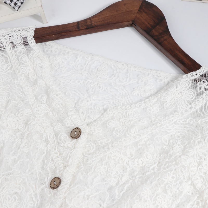 Brroa Áo Cardigan Ren Tay Loe Dài Cổ Chữ V Cài Nút Xuống Đan Móc Xuyên Thấu Họa Tiết Hoa Mùa Thu Hàn Quốc