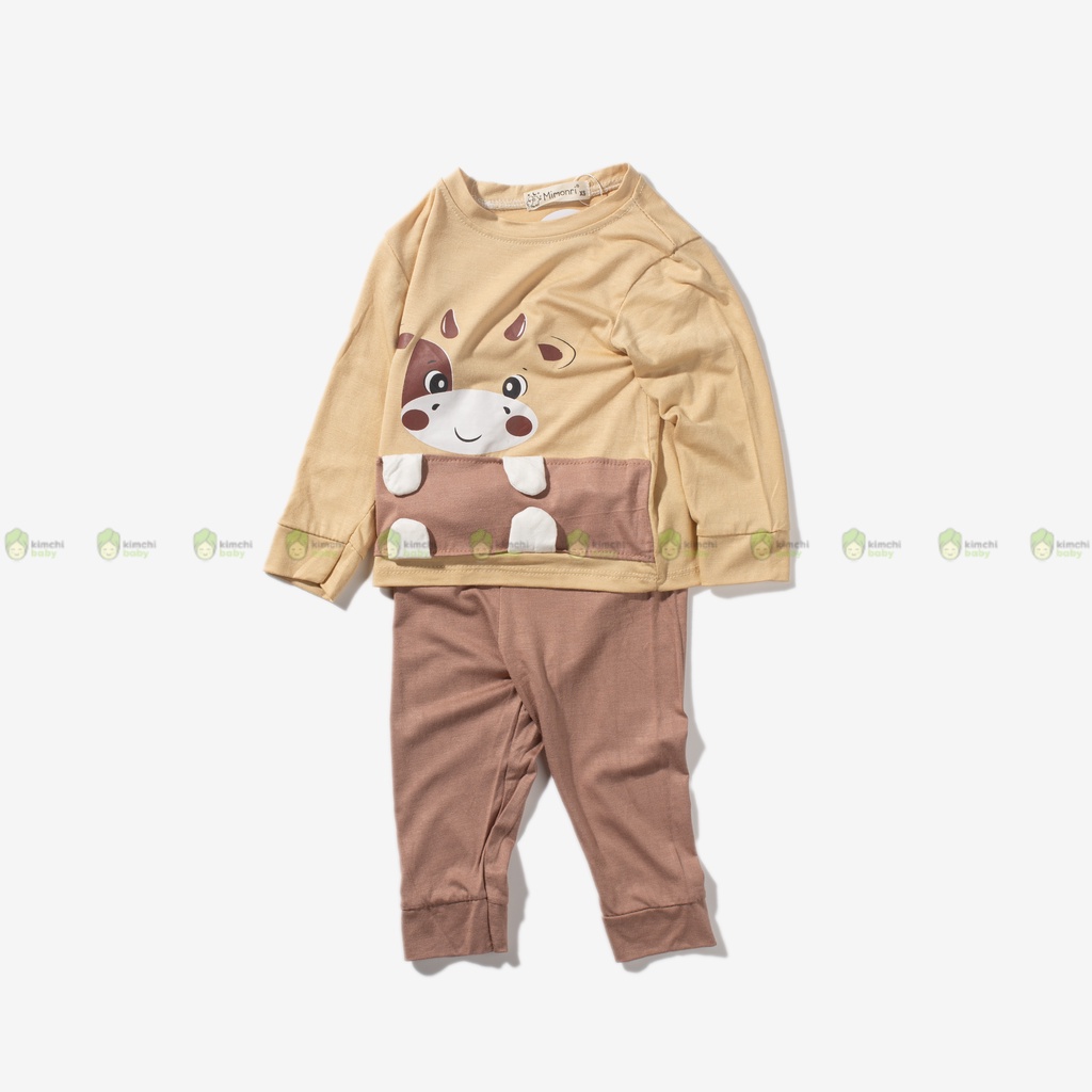 Bộ Dài Tay Thun Lạnh Cho Bé Trai, Bé Gái KIMCHIBABY Hoạ Tiết Hươu Vàng 3D,  Đồ Bộ Mặc Nhà Cho Bé Thu Đông KWTD2207