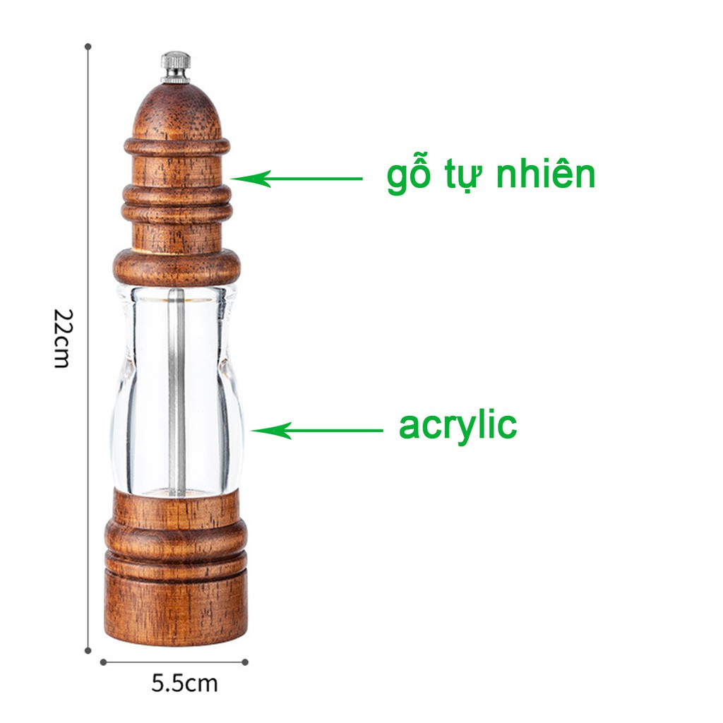 Máy xay tiêu cầm tay vỏ gỗ với thân trong suốt (GA09), lõi xay bằng gốm bền bỉ, dễ dàng điều chỉnh độ mịn