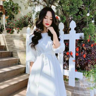 váy trắng basic cổ tròn thắt nơ eo kèm ảnh thật MS12 SẴN SIZE S, M