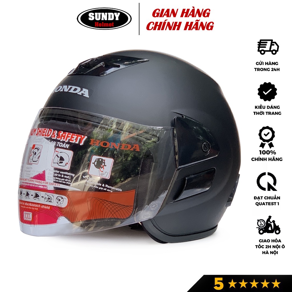 Mũ bảo hiểm 3/4 chụp tai GRO HP0K, nón kiểu dáng Honda có kính dài che cả mặt, size 56-58cm