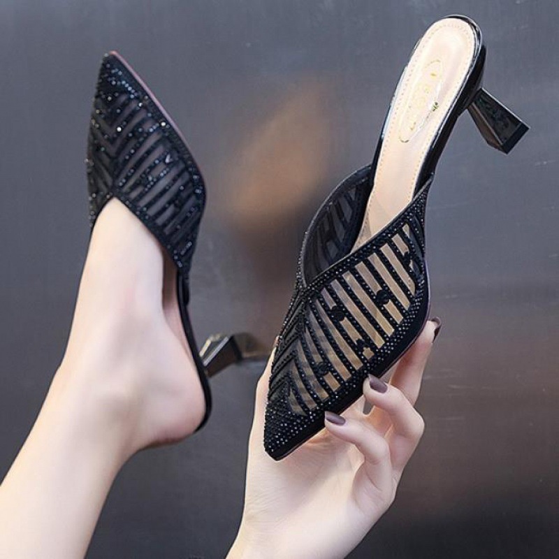 Dép Cao Gót Mũi Nhọn Đính Đá Thời Trang Mùa Hè Mẫu 2021 Mới Cho Nữ