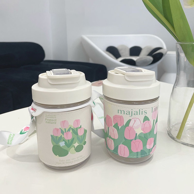 Bình Nước Cỡ Lớn Có Ống Hút Họa Tiết Hoa Tulip Xinh Xắn Cho Học Sinh