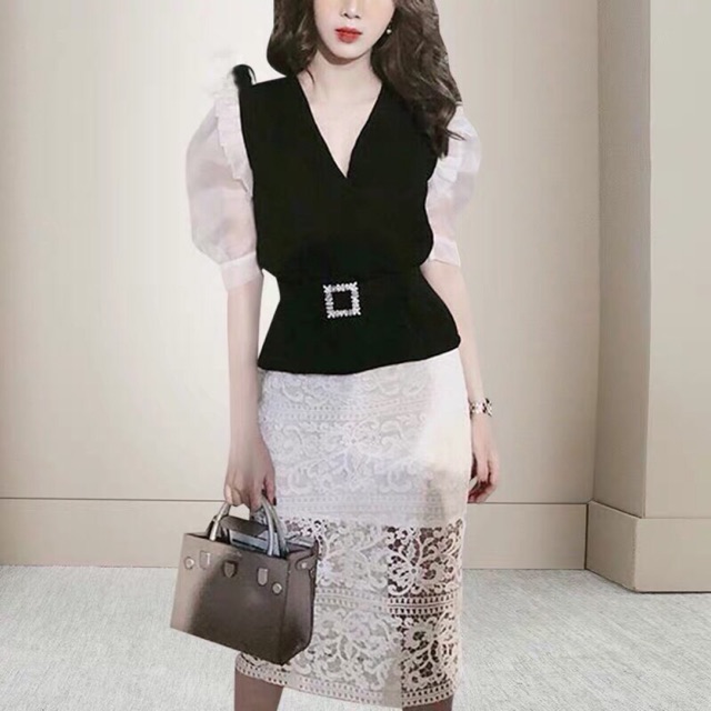 Áo sơ mi Peplum phối ren