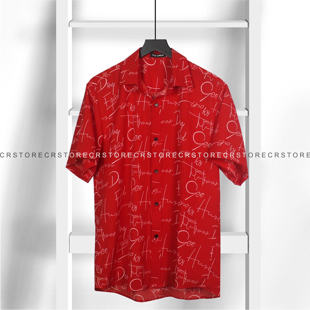 Áo Sơ Mi Nam Nữ Tay Ngắn CRSTORE Họa Tiết Hình Chữ màu đỏ vải Lụa thoáng mát - Cổ Vest Tay Lỡ SMNT633