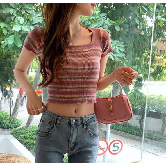 Áo Croptop Chất Cotton Hoạ Tiết Kẻ Sọc Nhiều Màu Sắc Thanh Lịch