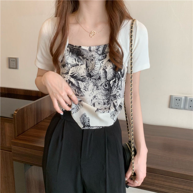 Áo Thun Tay Ngắn Giả Hai Lớp Phong Cách Năng Động 165045 Áo Croptop Cổ Vuông Thiết Kế Độc Đáo Thời Trang