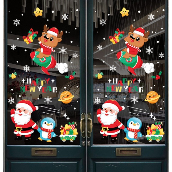 Decal dán tường Noel Hít Tĩnh Điện không Dơ Kính - Noel cùng cánh cụt kéo quà xinh xắn