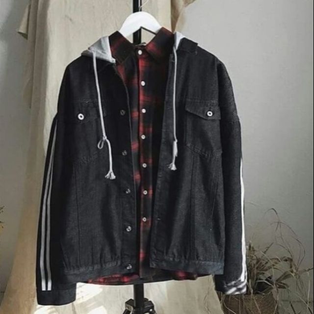 áo khoác jean nam sọc tay mũ CÓ VIDEO HAI MÀU số 389A