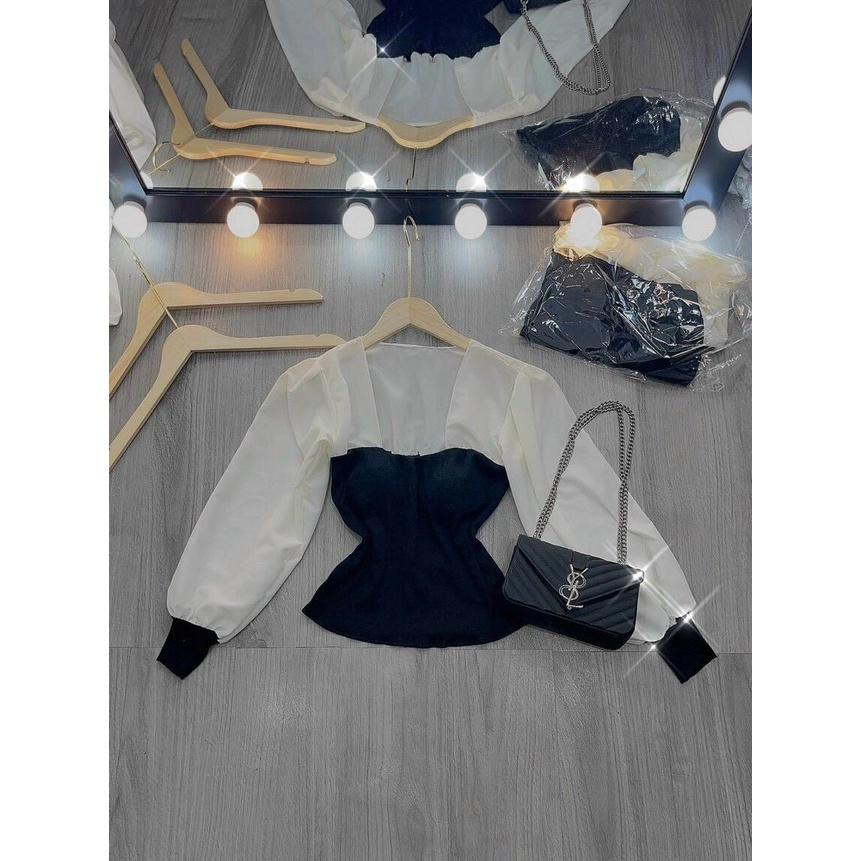 Áo Kiểu Thun Gân Tay Dài Phối Voan Có Mút