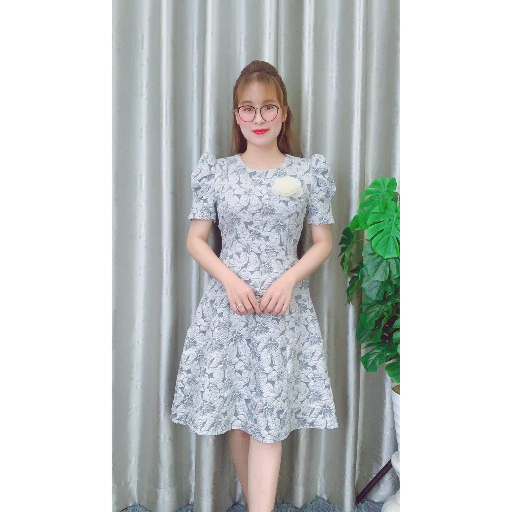 Váy Nữ Dáng Xòe Chất Liệu Gấm Tay Bồng Tặng Kèm Tag Hoa Cài V2173 - Candy Fashion