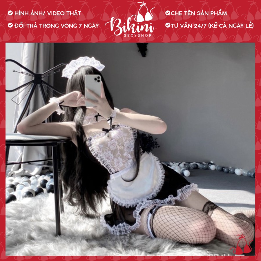 👙❣️ Bộ cosplay hầu gái sexy quyến rũ kèm chip lọt khe đủ phụ kiện freesize dưới 55kg màu đen M11