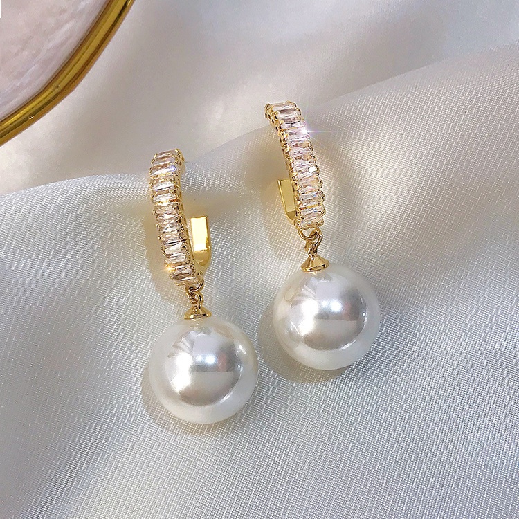 Bông tai mạ bạc 925 hình học đính kim cương và ngọc trai xinh xắn