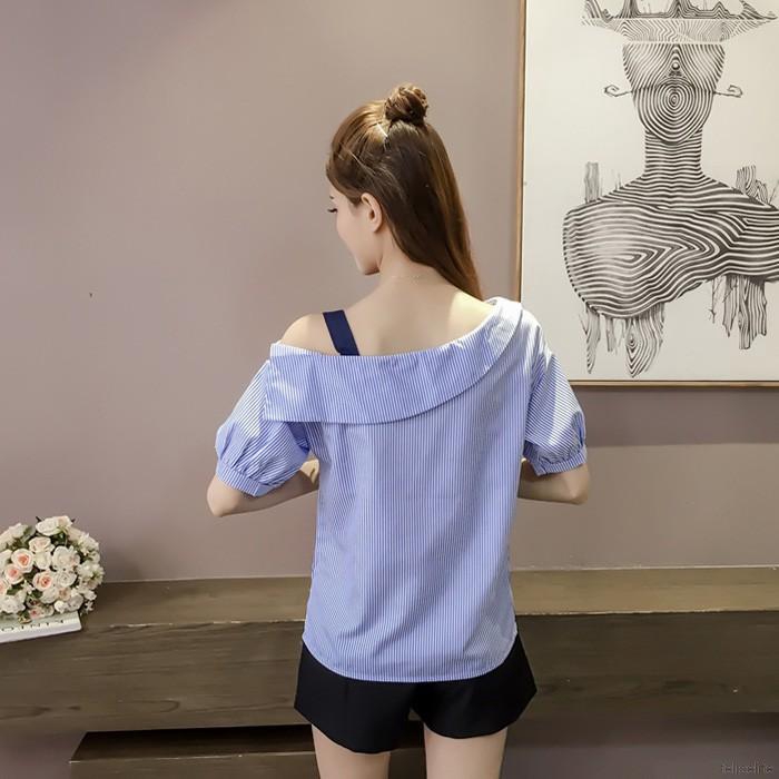 Áo kiểu ngắn tay lệch vai họa tiết sọc ca rô cho nữ | BigBuy360 - bigbuy360.vn