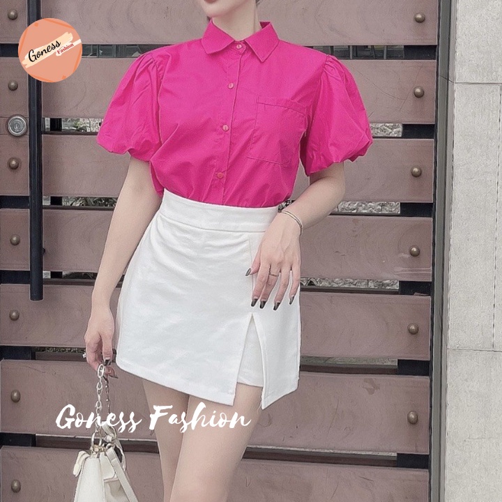 Áo sơ mi nữ Goness đẹp kiểu Hàn Quốc tay phồng ngắn tôn dáng nhiều màu sơmi cộc form suông vải cát hàn cao cấp