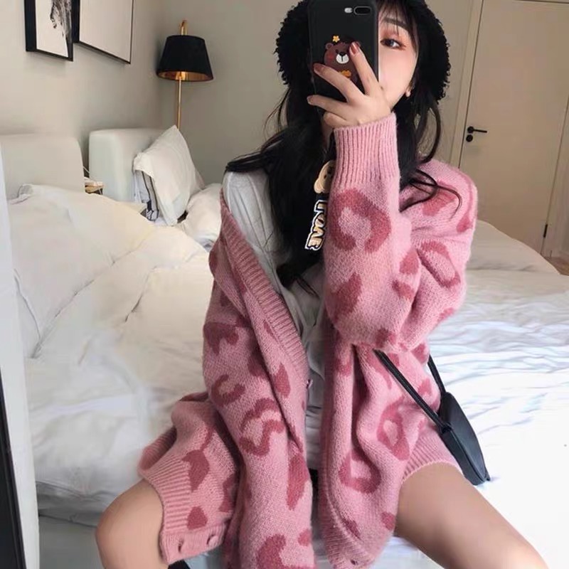 Áo Len Cardigan Form rộng , áo khoác len họa tiết hồng báo