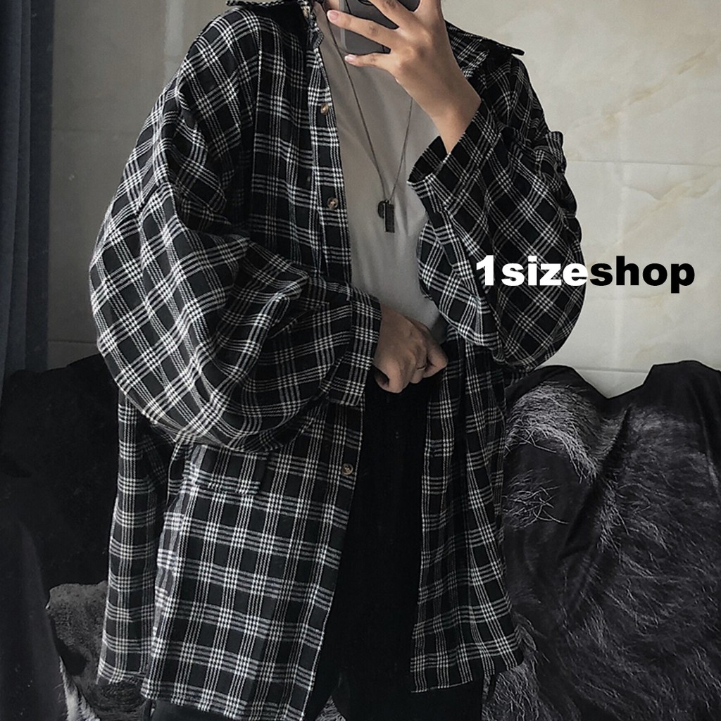 Áo sơ mi nữ bigsize tay dài phồng kẻ caro form rộng chất thô mềm nhẹ 1sizeshop