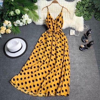 Đầm 2 dây xinh yêu| đầm maxi vàng chấm bi