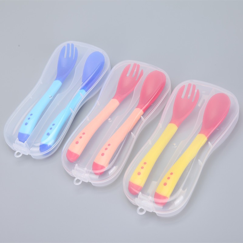 Sét thìa dĩa ăn dặm silicon báo nóng kèm hộp - HÀNG SẴN