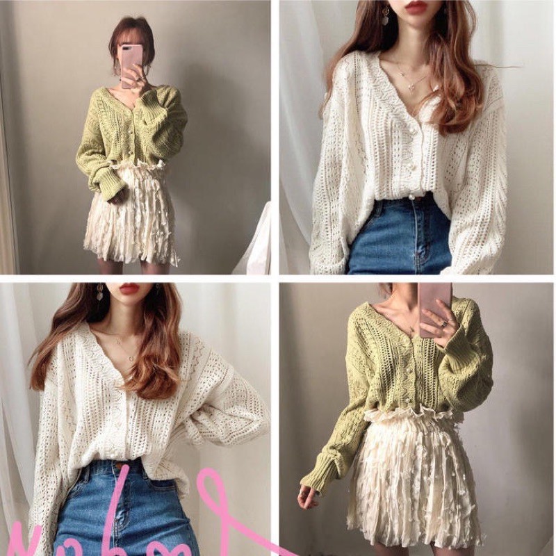 Áo Khoác Cardigan Len Ren Cúc Ngọc Vintage