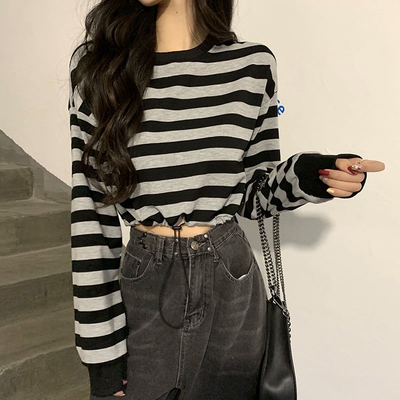 Áo Thun Tay Dài Họa Tiết Sọc Ngang Thời Trang Cho Nữ