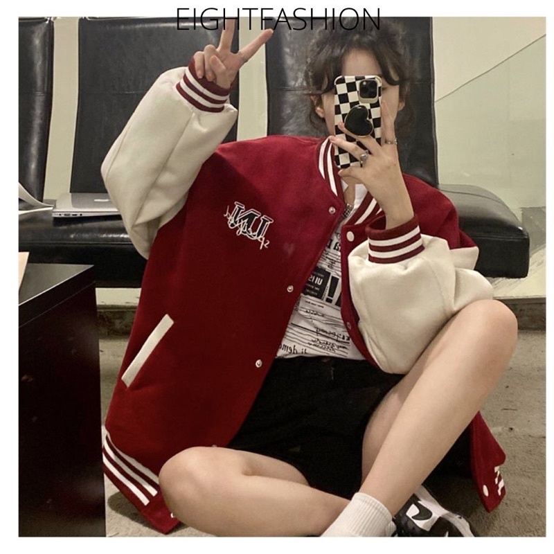Áo Khoác Varsity Jacket Bomber Thêu Hình Màu Đỏ Nâu Nổi Bật Eightfashion ABB100
