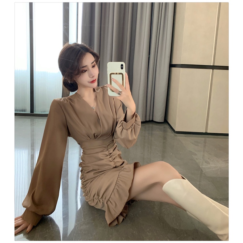 Đầm mini Dài Tay Cổ Chữ v Màu Đen / Nâu Phong Cách Hàn Quốc Thời Trang Mùa Hè Cho Nữ