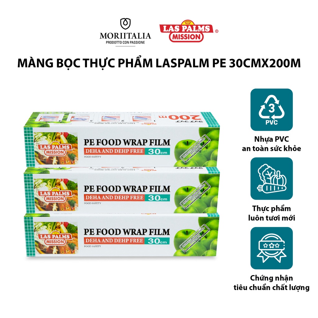 Màng bọc thực phẩm Las Palms 30cm dài 200 mét chất liệu PE chịu nhiệt tốt, đạt chuẩn FDA an toàn thực phẩm MBTP00006170