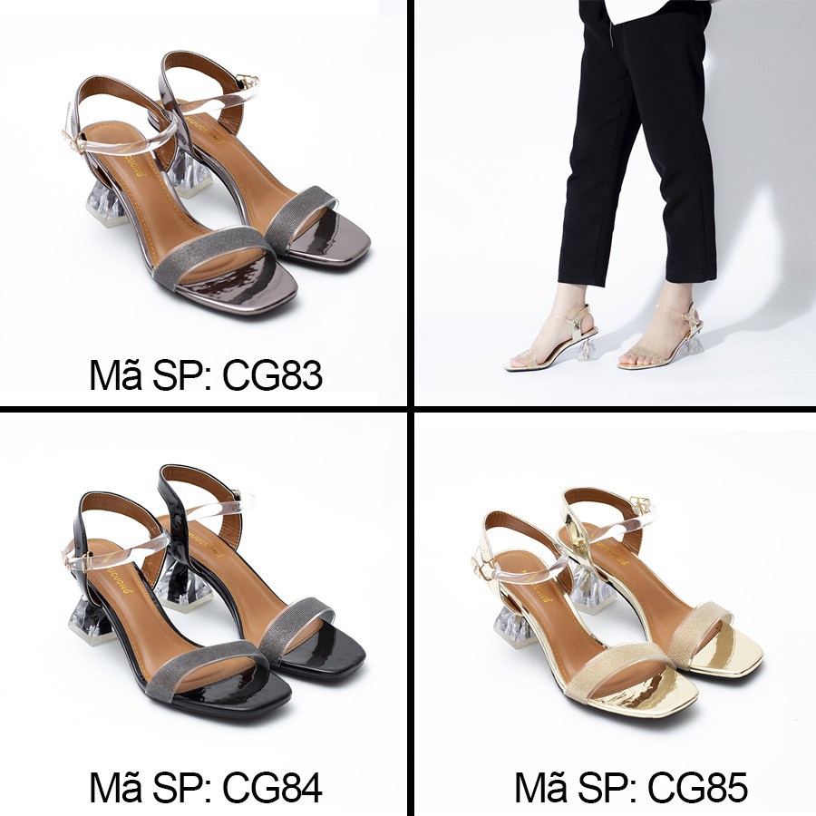 Giày Sandal nữ HUUCUONG Thời Trang Quai Mảnh Kim Tuyến Phối Mica Trong Suốt Gót Vuông Basic - CG84