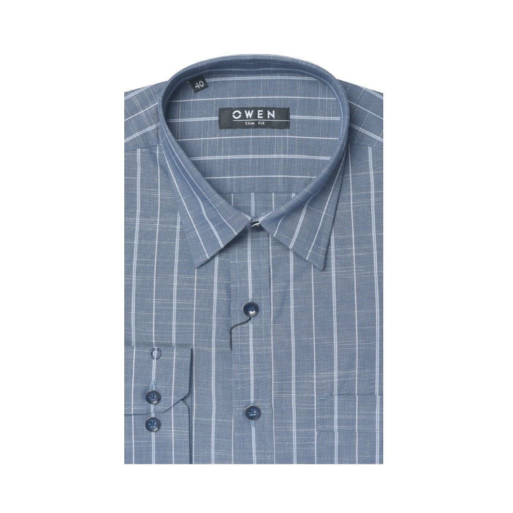 Áo Sơ Mi Nam Dài Tay OWEN AS220123DT Somi Công Sở Vải Sợi Tre Cao Cấp Màu Navy Kẻ Sọc Trắng Dáng Ôm Tà Lượn Có Túi