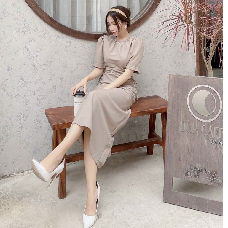Đầm Midi Rút Eo Màu Cacao, Đầm Xòe Nữ Dáng Dài Qua Gối Cao Cấp