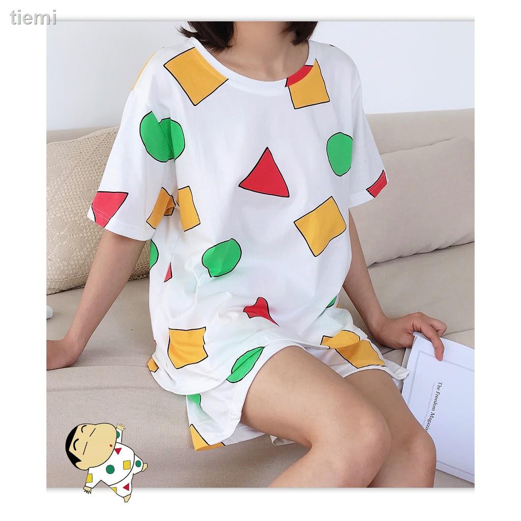 Bộ Đồ Ngủ Tay Ngắn Chất Liệu Cotton In Hình Cậu Bé Bút Chì Shin Chan Dành Cho Nữ