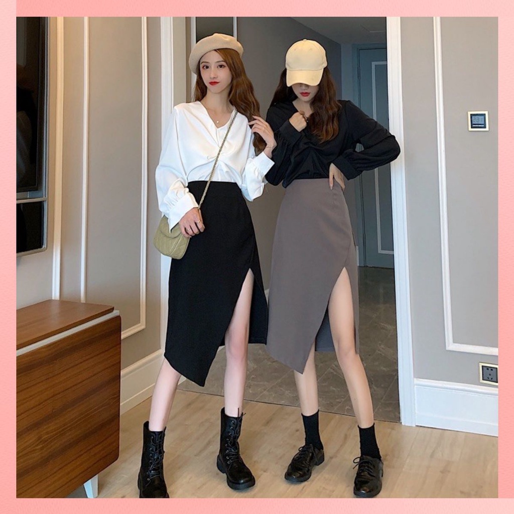 Chân váy chữ A Midi dài xẻ đùi vạt chéo cá tính siêu hot