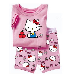 Bộ áo thun + quần short màu hồng in hình Hello Kitty cho bé gái