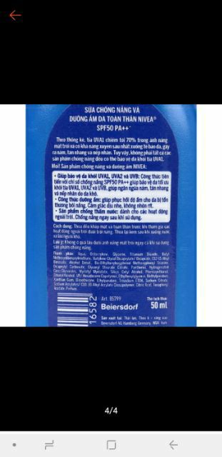 Kem Chống Nắng Và Dưỡng Ẩm Toàn Thân Nivea SPF50 PA++ (Chai 50ML)