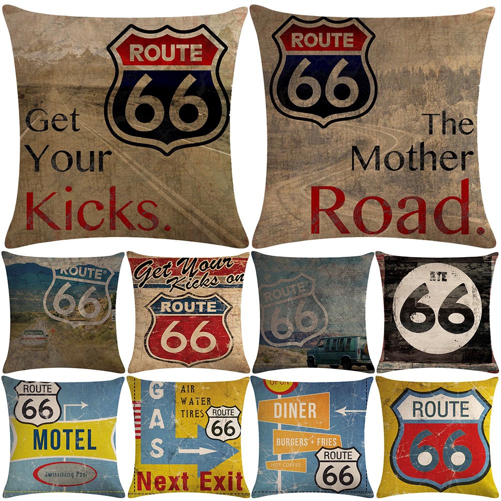 Áo gối/đệm sofa họa tiết Route 66 bằng chất liệu vải lanh trang trí nhà cửa theo phong cách vintage