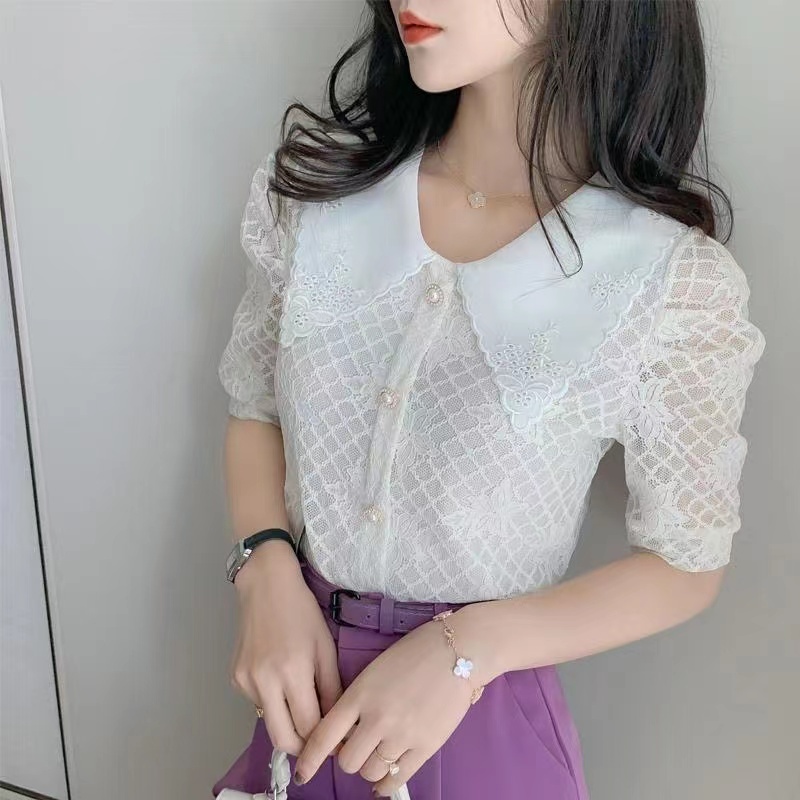 Áo Sơ Mi chiffon Ngắn Tay Phối Ren Thời Trang Mùa Hè Hàng Mới Dành Cho Nữ